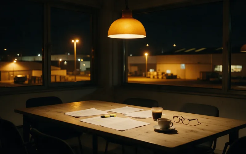 Una sala de reuniones de noche con páginas impresas sobre la mesa bajo una lámpara