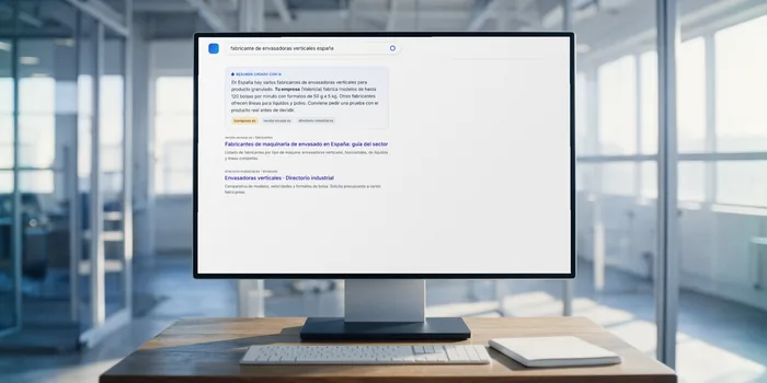 Monitor con una página de resultados de búsqueda y el resumen de IA arriba, con las fuentes citadas