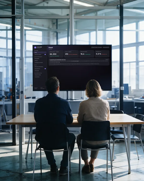 Sala de reuniones luminosa con dos personas de espaldas ante la pantalla con el panel