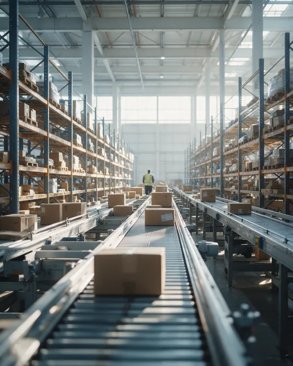 Gran almacén de comercio electrónico con cintas transportadoras y paquetes