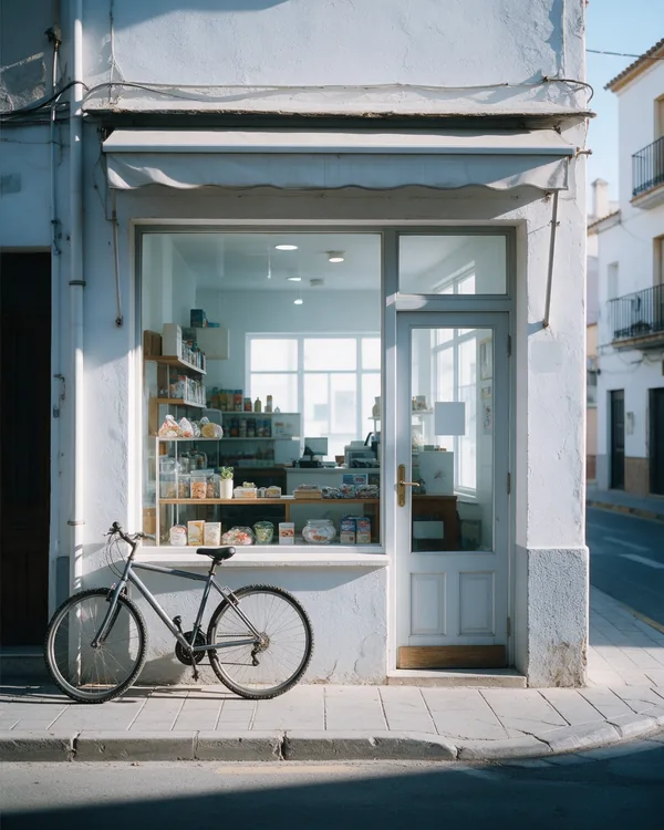 Fachada de un pequeño negocio local con su escaparate, a pie de calle