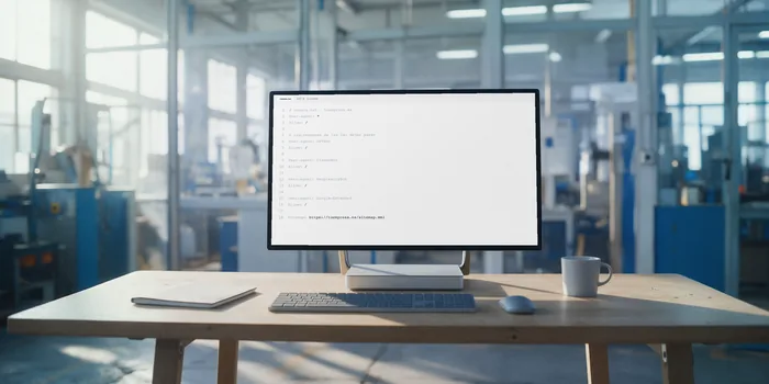 Ordenador de sobremesa con el fichero robots.txt abierto en pantalla, en una oficina con luz de mañana