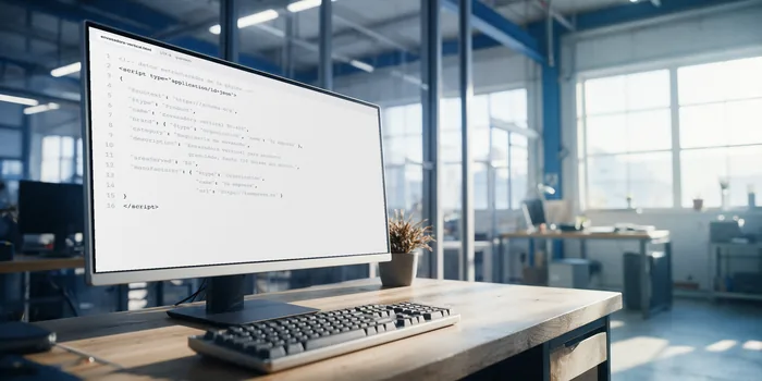 Monitor con el código de los datos estructurados de una página, teclado en primer plano