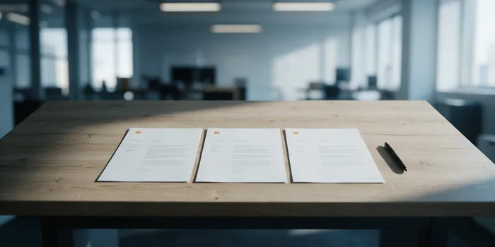 Tres fichas de empresa impresas, idénticas, alineadas sobre la mesa: el mismo nombre y la misma descripción en todas partes