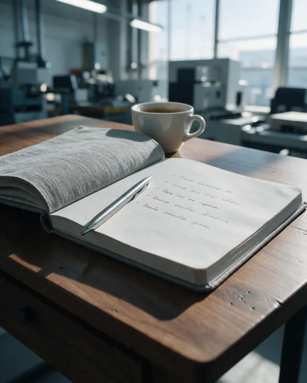 Libreta abierta con cinco preguntas escritas a mano y un bolígrafo encima, junto a un café