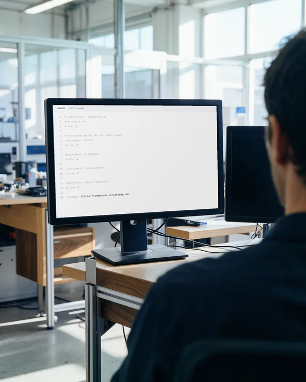 Un técnico de espaldas revisa en el monitor el fichero robots.txt de la web