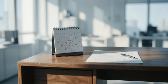 Calendario de mesa con la fecha de una actualización marcada en rojo y, al lado, un informe impreso con la gráfica bajando