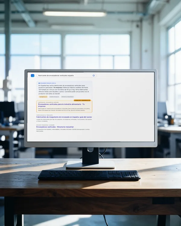 Monitor con el resumen de IA de una búsqueda y, debajo, la página de la empresa citada como fuente