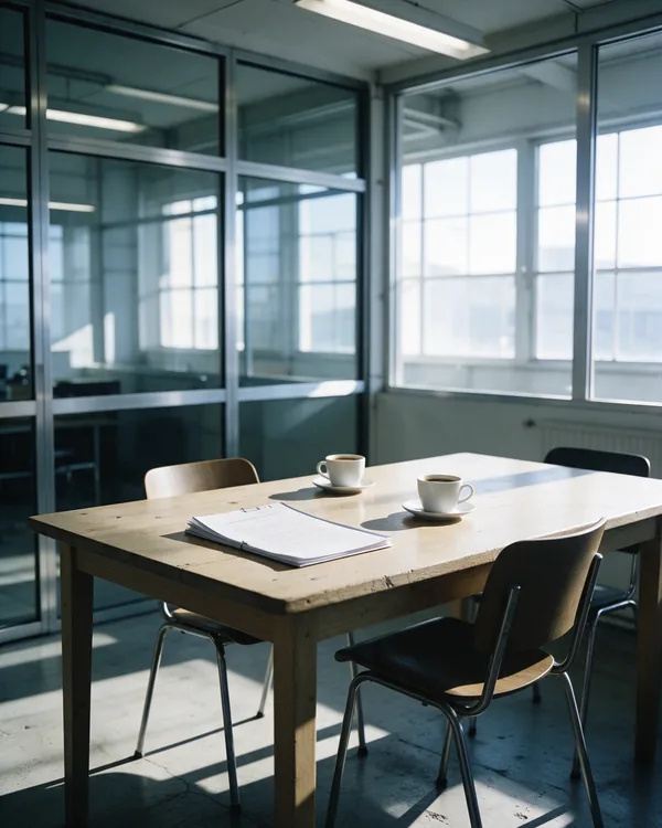 Sala de reuniones vacía con un informe cerrado y dos tazas de café sobre la mesa