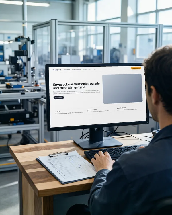 Un técnico de espaldas revisa la web en el monitor con una lista de comprobaciones al lado