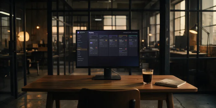 Monitor con el pipeline del CRM en una mesa vacía junto a un café frío: la oportunidad sigue igual que el primer día
