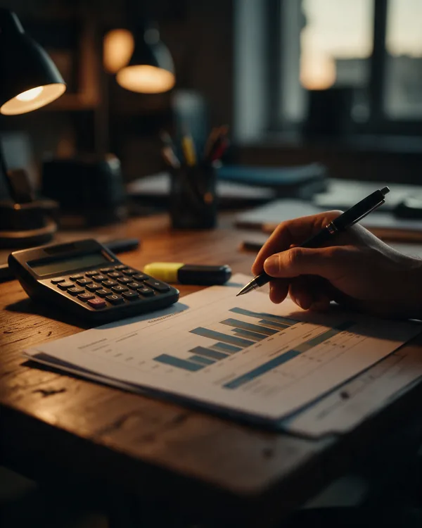 Mano con un bolígrafo sobre un informe de ventas junto a una calculadora