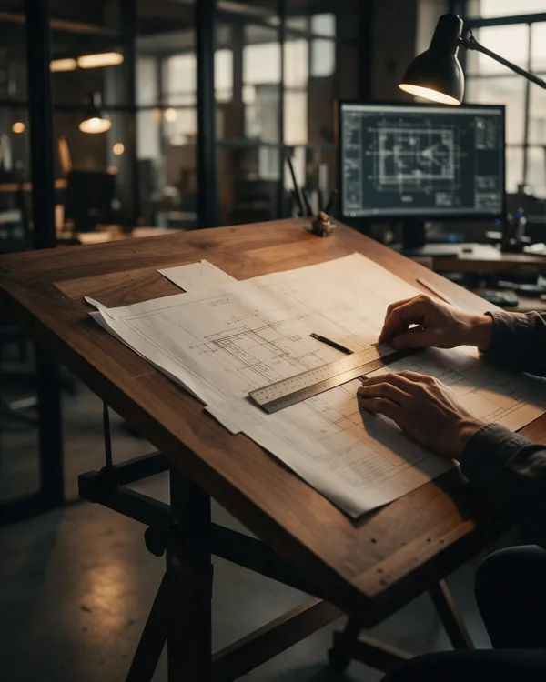 Oficina técnica de ingeniería con planos desplegados sobre la mesa
