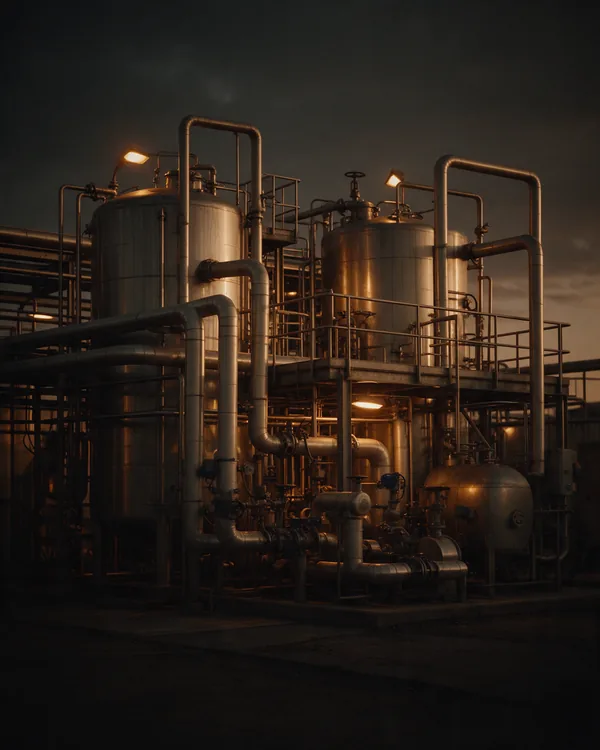 Planta de procesos industriales con depósitos y tuberías al atardecer