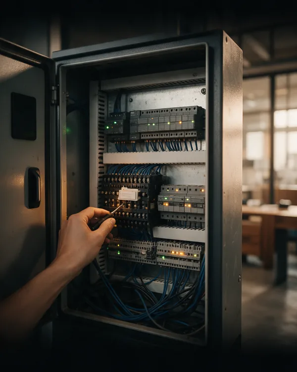 Cuadro eléctrico de automatismos abierto con módulos PLC y cableado